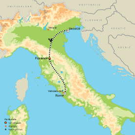 Routekaartje Van Venetië en Florence naar Rome