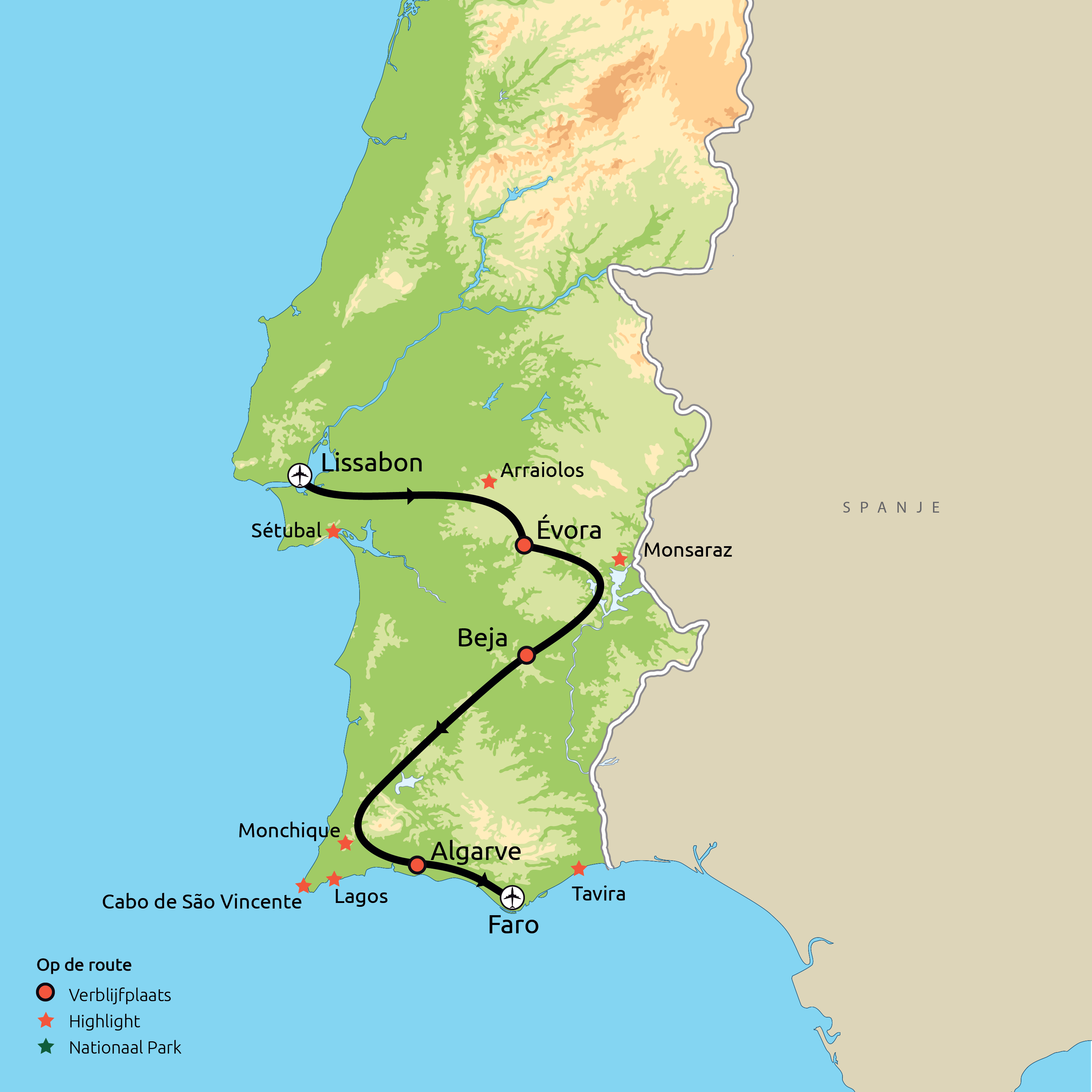 Routekaartje Lissabon, Alentejo & Algarve