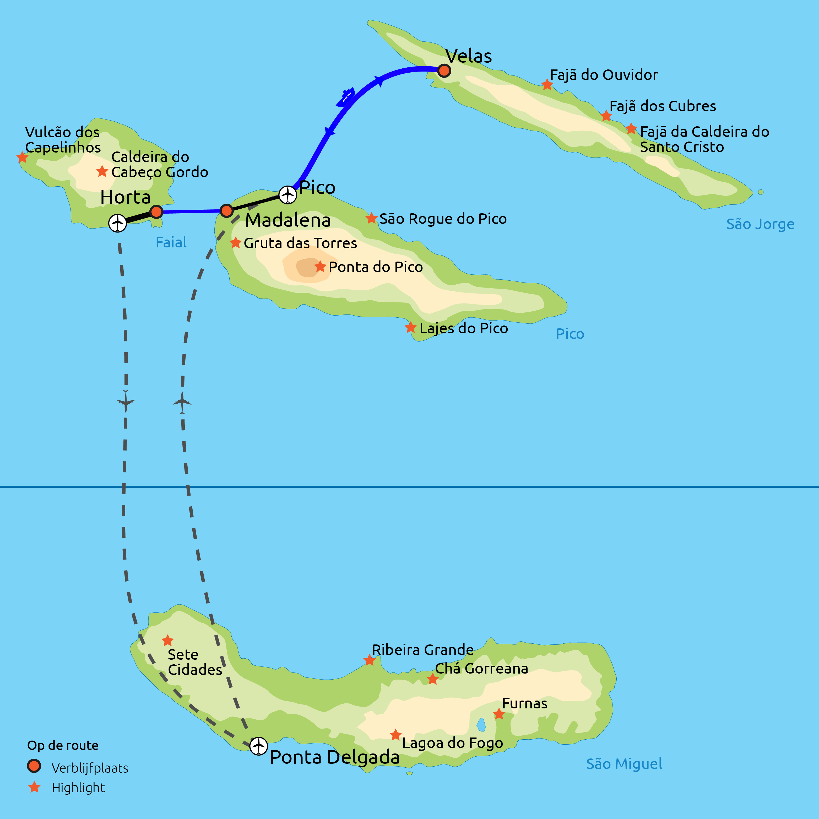 Routekaartje Eilandhoppen Azoren 