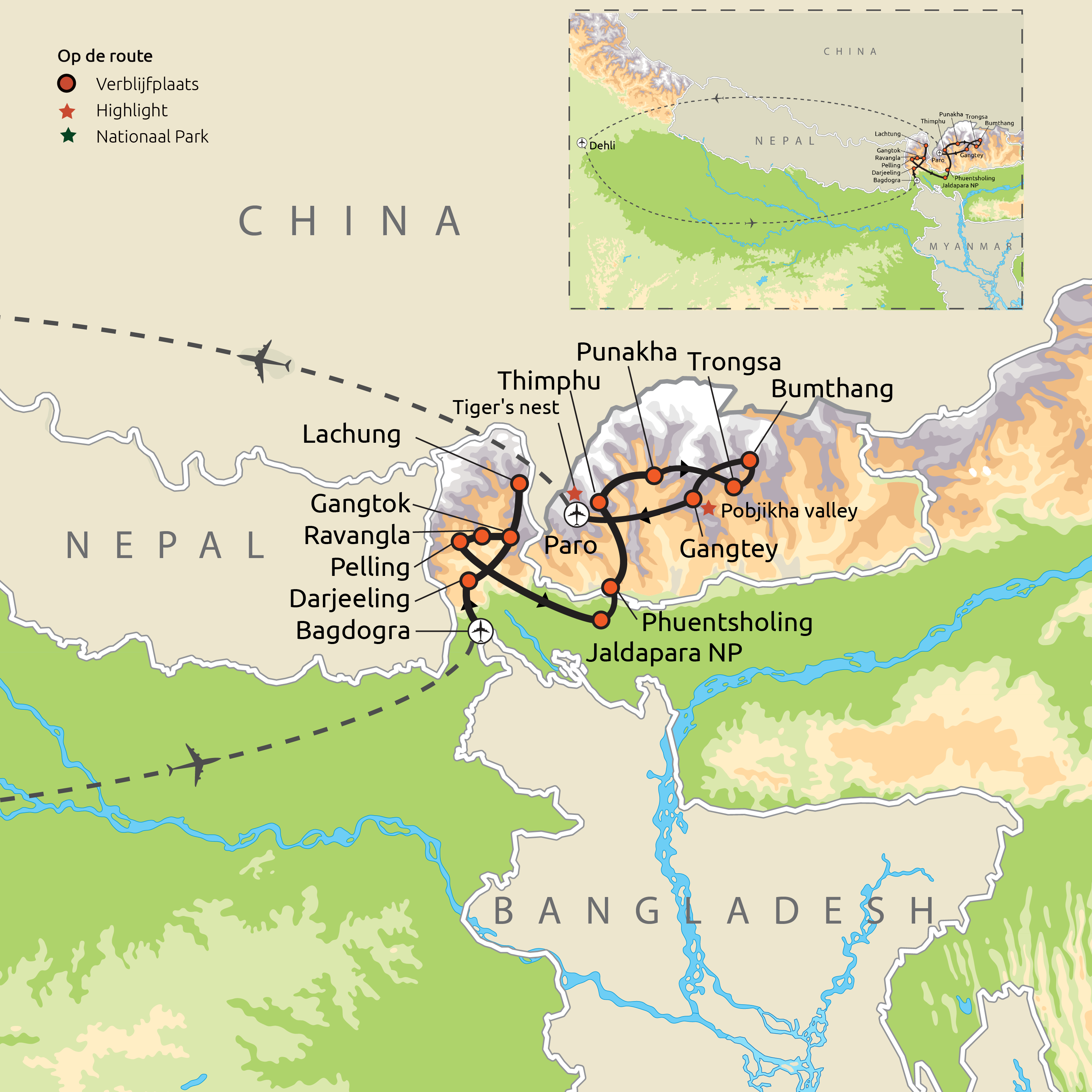 Routekaart Sikkim en Bhutan