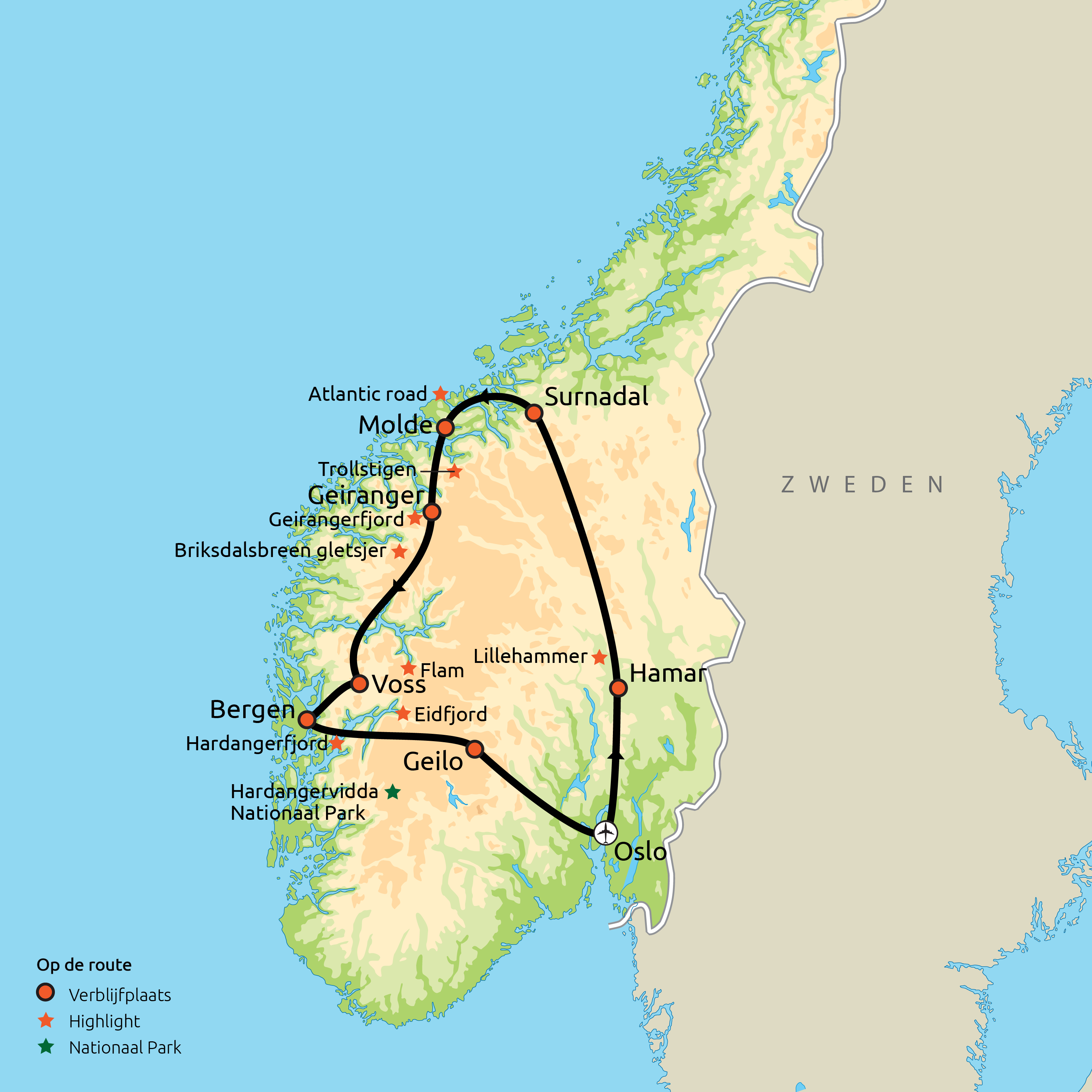 Routekaartje Zuid-Noorwegen
