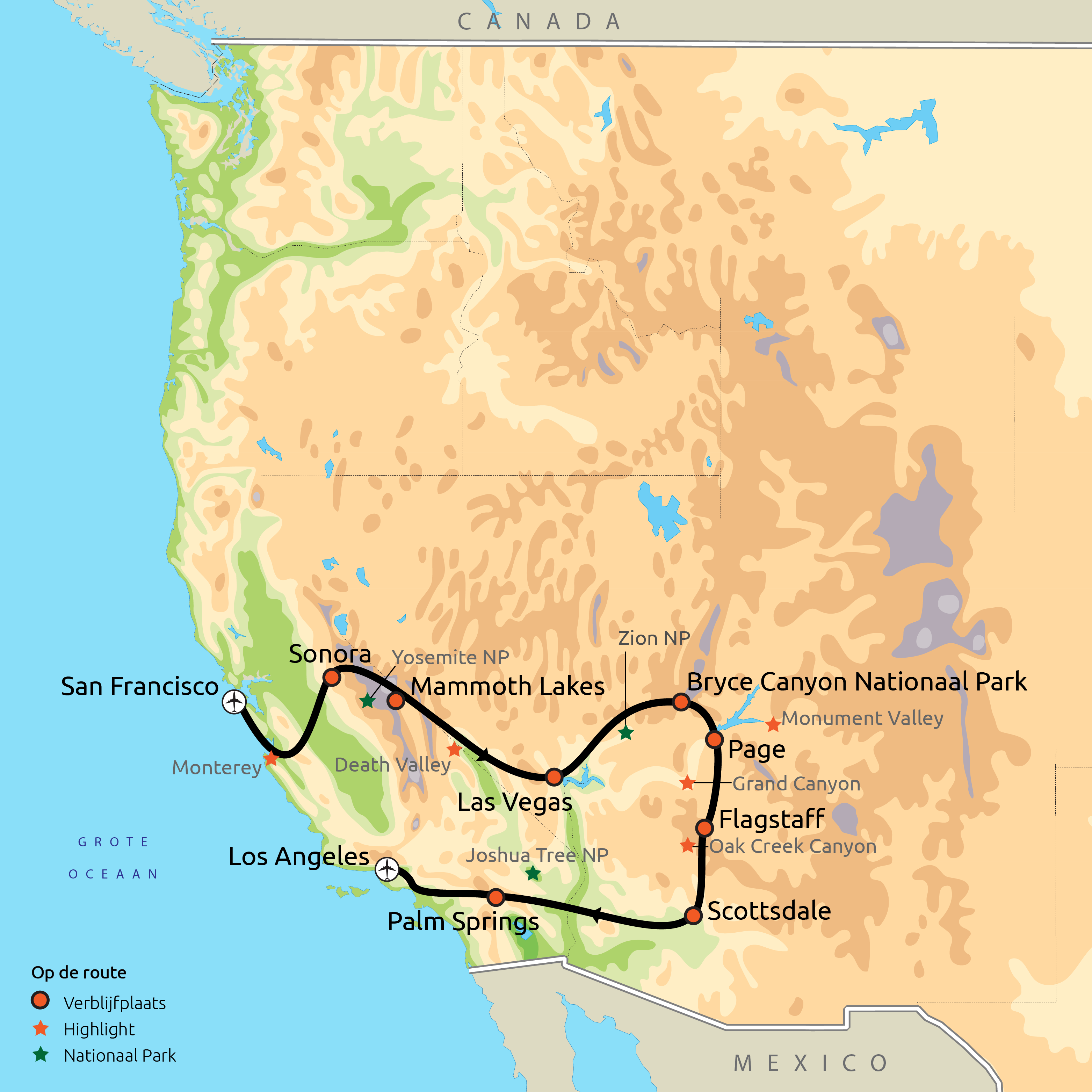 Routekaartje Familiegroepsreis West-Amerika