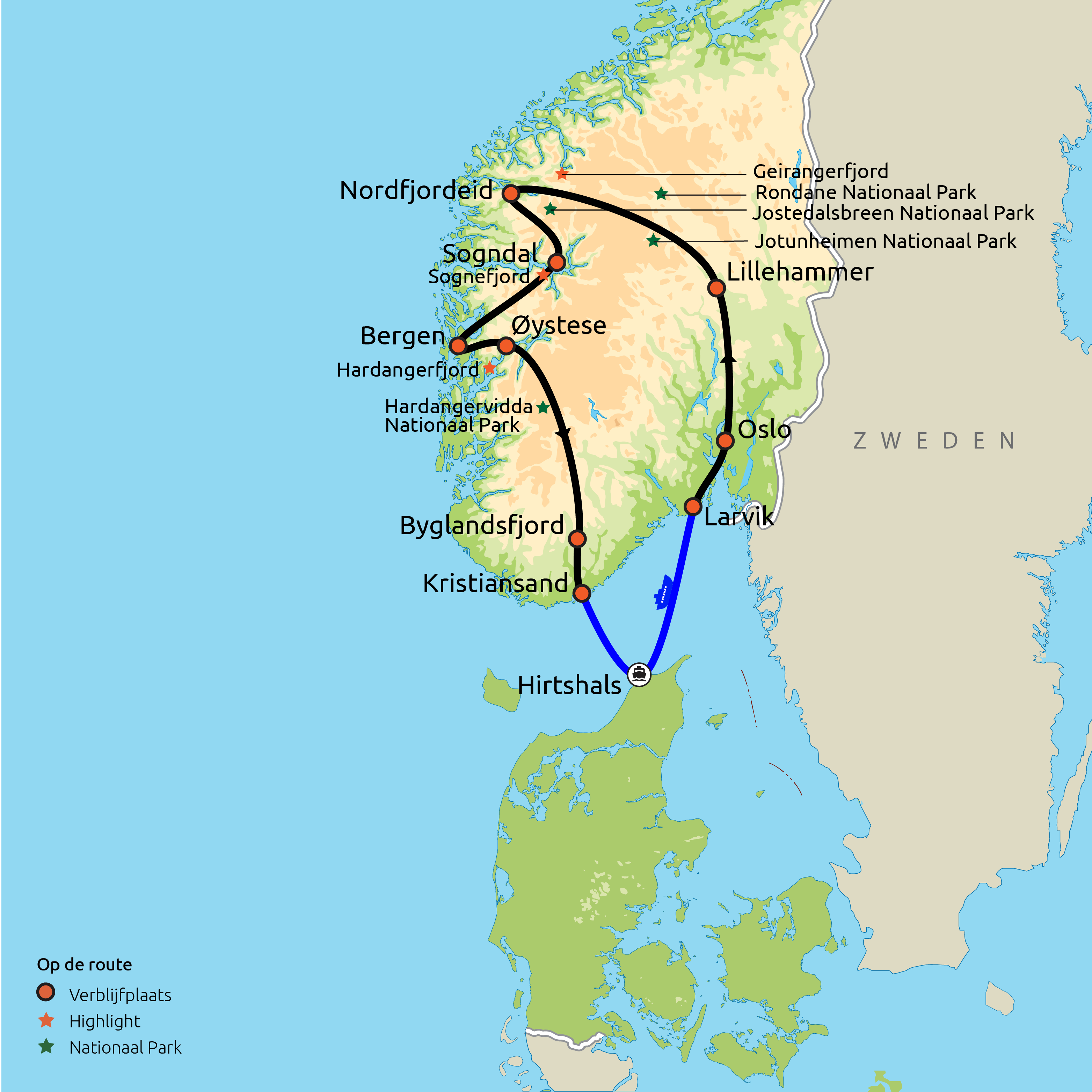 Routekaart Het Beste van Zuid-Noorwegen