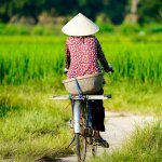 Fietsende vrouw in de Mekong Delta