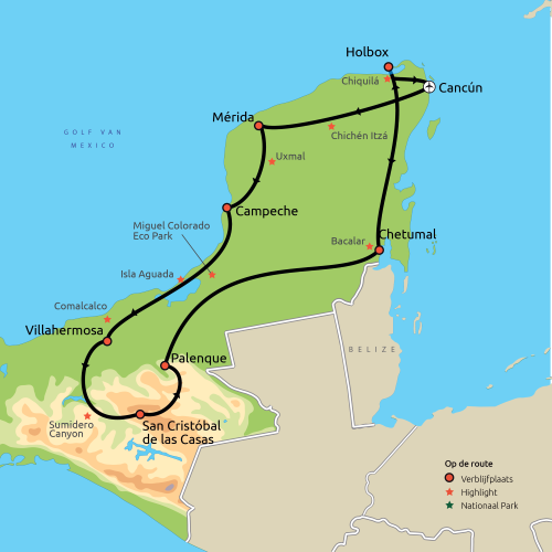 Routekaart Hoogtepunten van Yucatan 