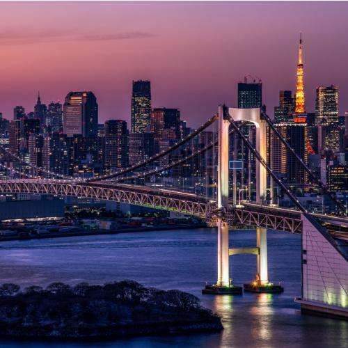 Skyline van Tokyo in de avonduren
