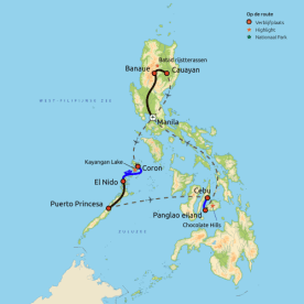 Routekaartje Paradijselijk Banaue, Palawan & Bohol
