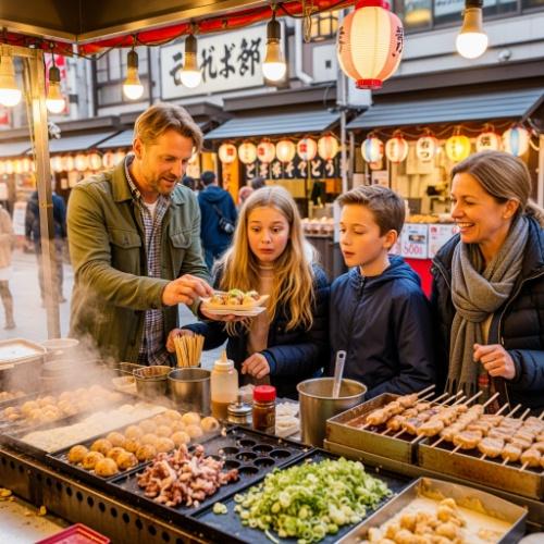 Een gezin die de lokale delicatessen proeft in de straten van Osaka