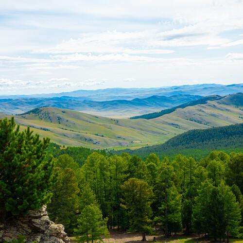 Uitzicht over de Khangai bergen, Mongolië
