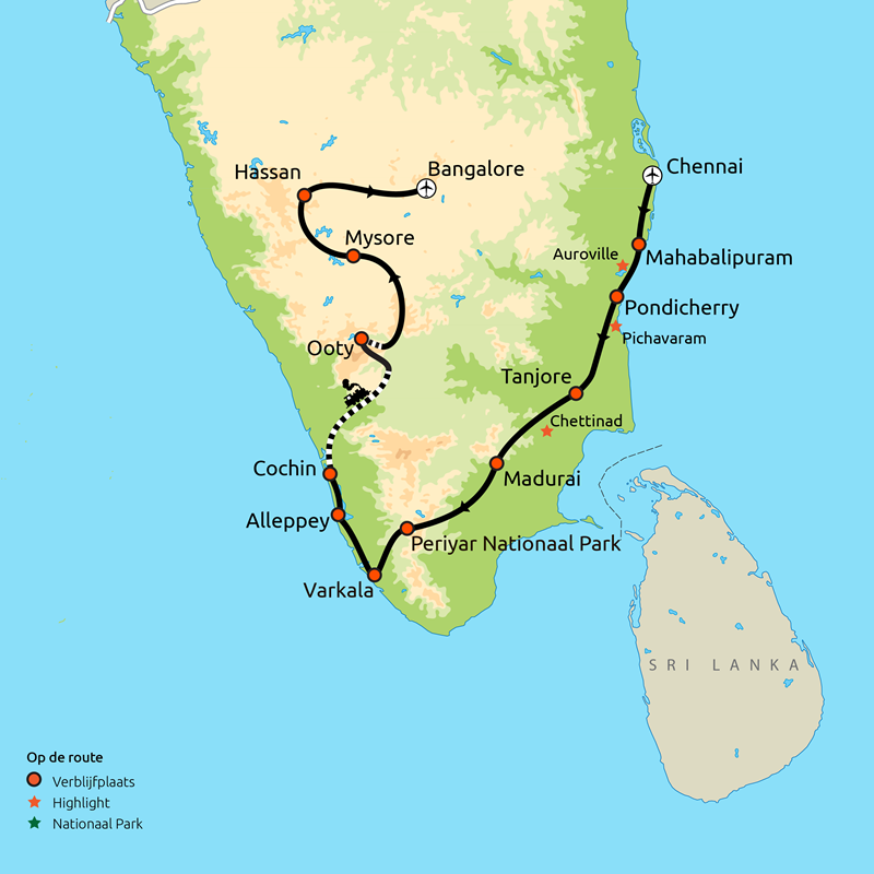 Routekaartje Mooiste van Zuid-India