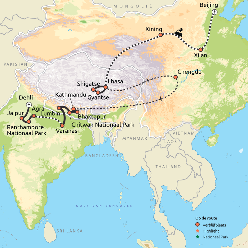 Routekaart groepsreis China, Tibet, Nepal & India