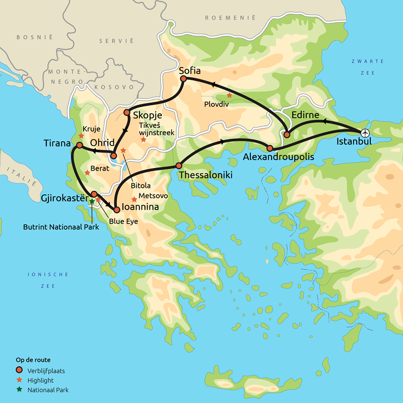 Routekaart groepsreis Istanbul & de Balkan