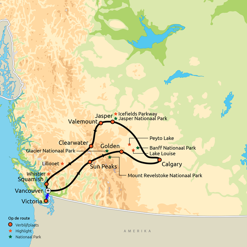 Routekaartje West-Canada & Rocky Mountains