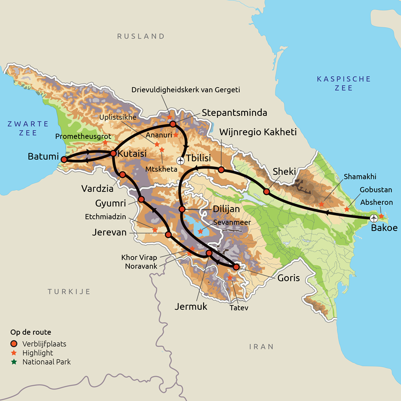 Routekaart groepsreis Azerbeidzjan, Armenië & Georgië