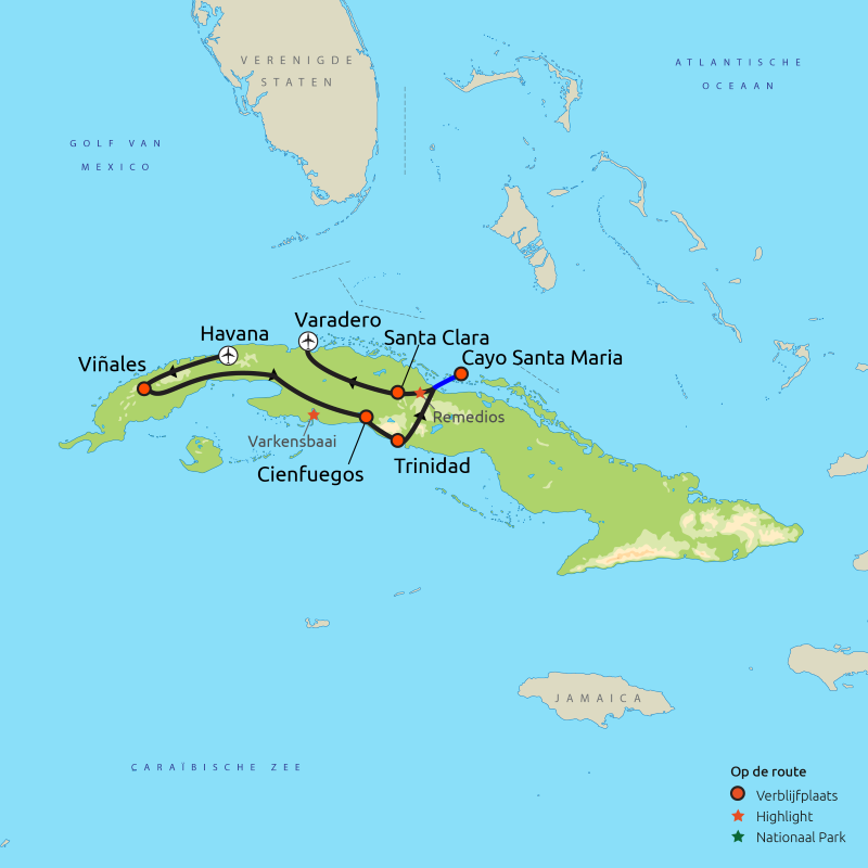 Routekaartje Hoogtepunten van Cuba