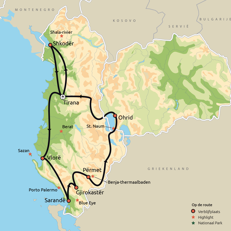 Routekaart Familiegroepsreis Albanië & Noord-Macedonië
