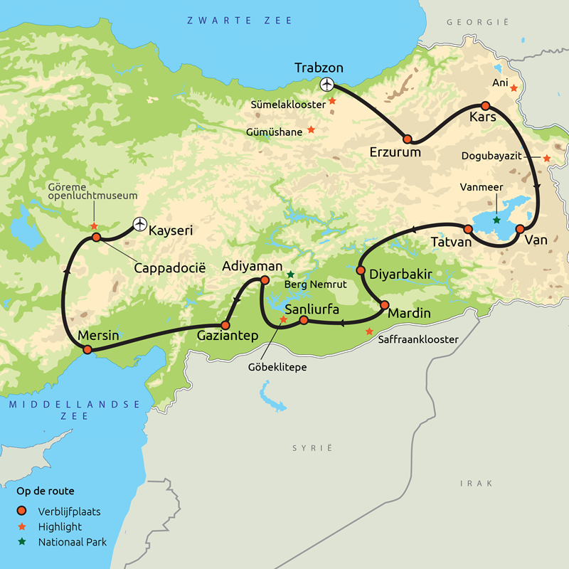 Routekaart Oost-Turkije