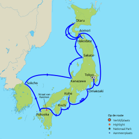 Routekaartje Rondreis & Cruise rondom de kust van Japan