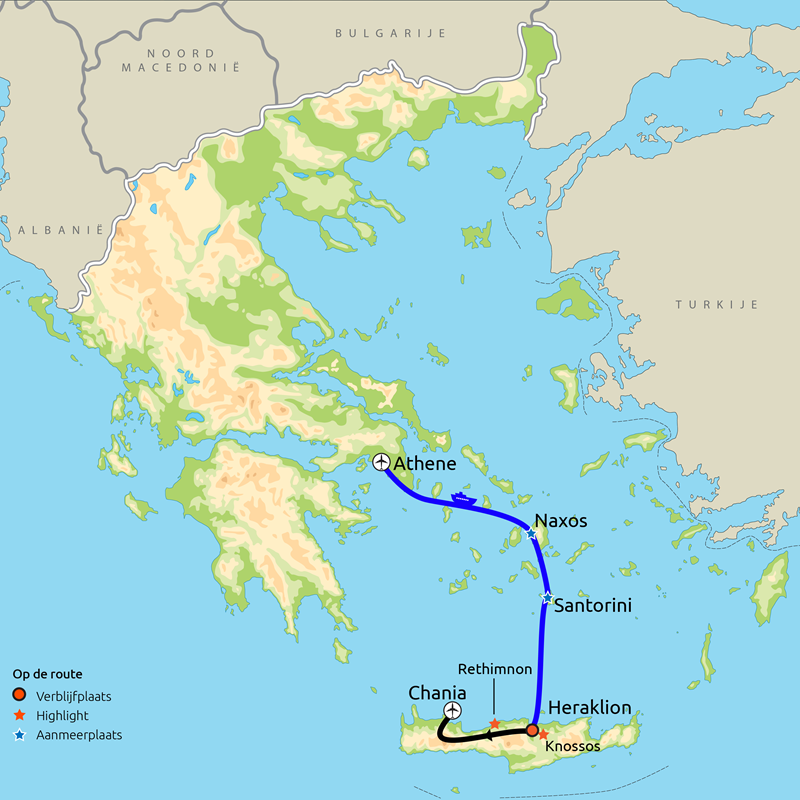 Routekaartje Groepsreis Athene, Cycladen & Kreta