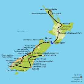 Routekaart Hoogtepunten van Nieuw-Zeeland