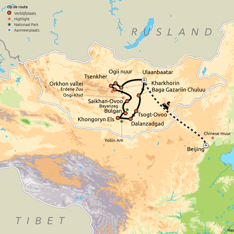 Routekaart Hoogtepunten van Mongolië & China
