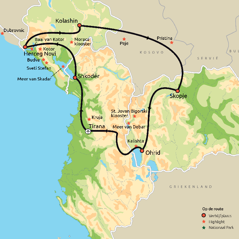 Albanië, Montenegro & Noord-Macedonië routekaart